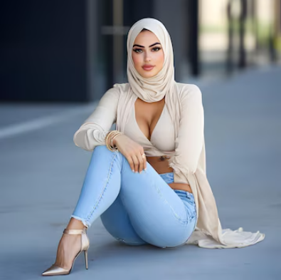 Fashionable woman wearing a beige hijab and matching cardigan sits on the ground outdoors, posing confidently.